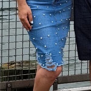 Blue Denim Pearl-Embellished Skirt